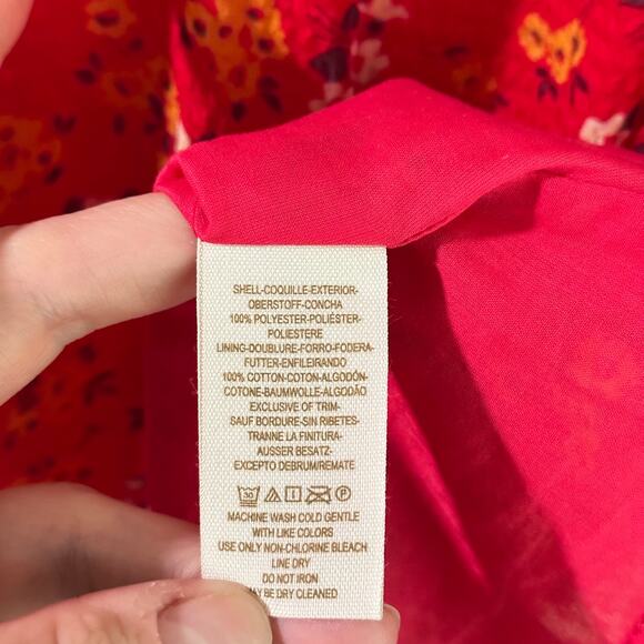 Free People Red‎ Floral Smocked Puff Sleeve Mini Babydoll Chiffon Dress Tunic S - Picture 6 of 10